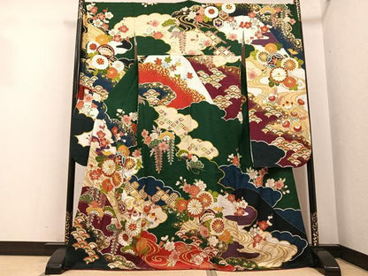 平和屋着物●豪華振袖　駒刺繍　吉祥花宝尽くし　金彩　正絹　逸品　AABG4912ph