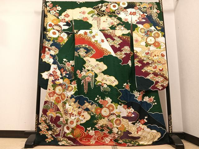 平和屋着物●豪華振袖　駒刺繍　吉祥花宝尽くし　金彩　正絹　逸品　AABG4912ph