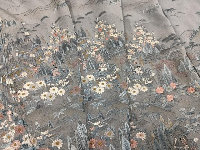 平和屋着物●訪問着　総刺繍　人物風景草花文　正絹　逸品　AABG4915ph