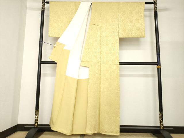 平和屋着物●上質な色無地　亀甲花地紋　芥子色　正絹　逸品　AABG4926ck