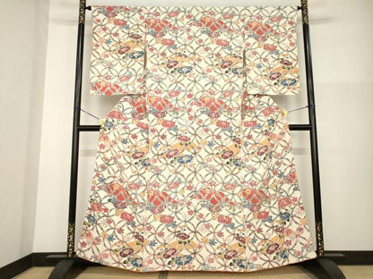 平和屋着物●上質な小紋　型染め　七宝花文　正絹　逸品　未使用　AABG4930ck