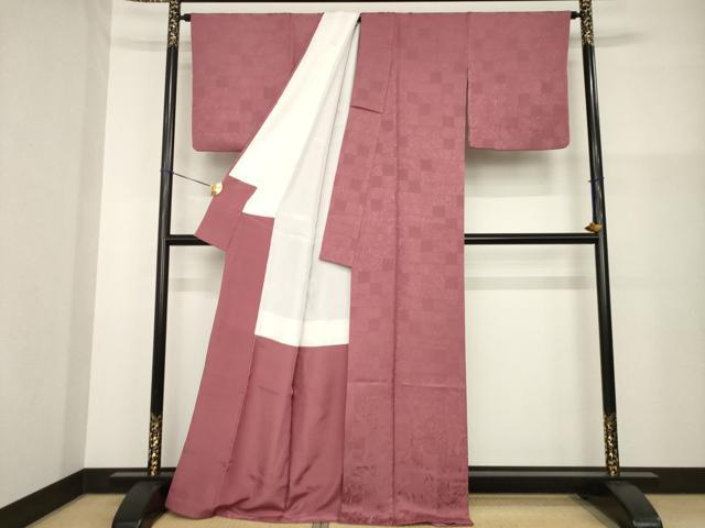 平和屋着物●上質な色無地　墨流し市松地紋　葡萄茶色　正絹　逸品　AABG4931ck