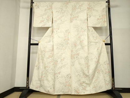 平和屋着物●上質な小紋　紬地　手描き　草花文　正絹　逸品　AABG4933ck