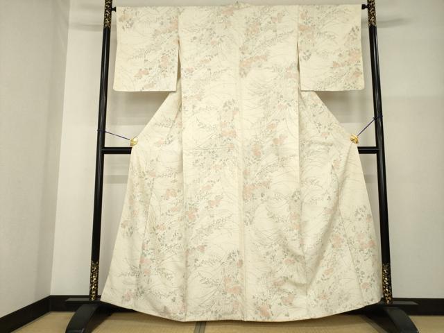 平和屋着物●上質な小紋　紬地　手描き　草花文　正絹　逸品　AABG4933ck