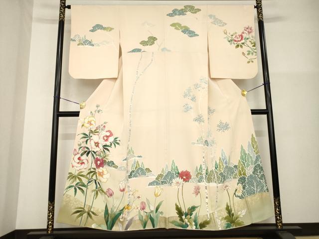 平和屋着物●訪問着　駒刺繍　草花文　金彩　正絹　逸品　AABG4934ck