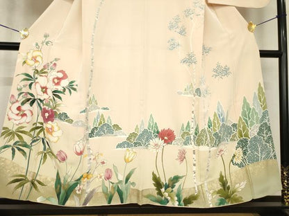 平和屋着物●訪問着　駒刺繍　草花文　金彩　正絹　逸品　AABG4934ck