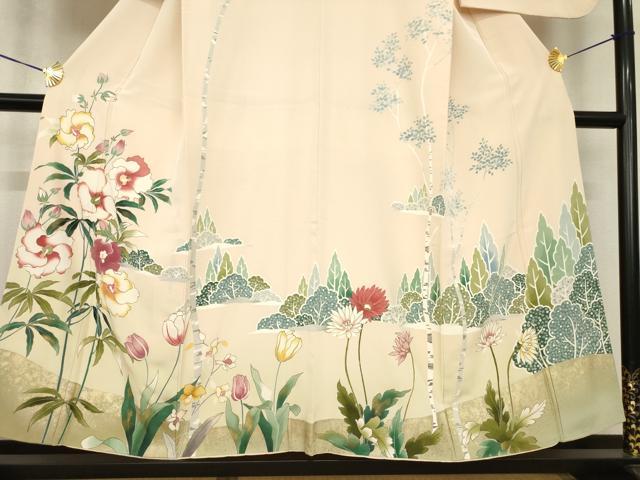 平和屋着物●訪問着　駒刺繍　草花文　金彩　正絹　逸品　AABG4934ck