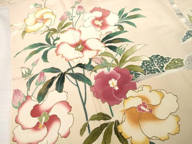 平和屋着物●訪問着　駒刺繍　草花文　金彩　正絹　逸品　AABG4934ck
