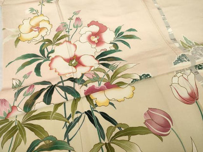 平和屋着物●訪問着　駒刺繍　草花文　金彩　正絹　逸品　AABG4934ck