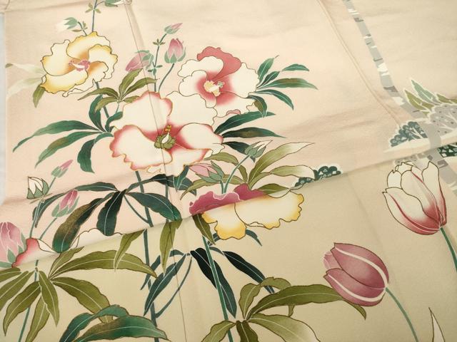 平和屋着物●訪問着　駒刺繍　草花文　金彩　正絹　逸品　AABG4934ck