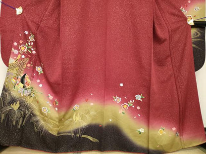 平和屋着物●豪華振袖　駒刺繍　女人御所車花文　暈し染め　金彩　正絹　逸品　AABG4940ck