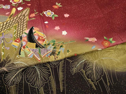 平和屋着物●豪華振袖　駒刺繍　女人御所車花文　暈し染め　金彩　正絹　逸品　AABG4940ck