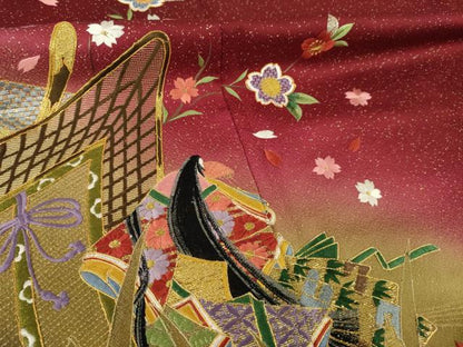 平和屋着物●豪華振袖　駒刺繍　女人御所車花文　暈し染め　金彩　正絹　逸品　AABG4940ck