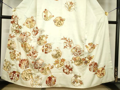 平和屋着物●訪問着　駒刺繍　雪輪草花文　金彩　正絹　逸品　AABG4944ck