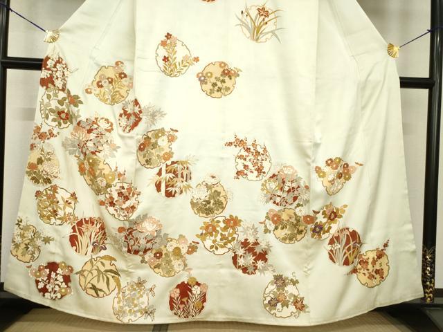 平和屋着物●訪問着　駒刺繍　雪輪草花文　金彩　正絹　逸品　AABG4944ck