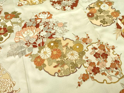 平和屋着物●訪問着　駒刺繍　雪輪草花文　金彩　正絹　逸品　AABG4944ck