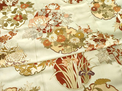 平和屋着物●訪問着　駒刺繍　雪輪草花文　金彩　正絹　逸品　AABG4944ck