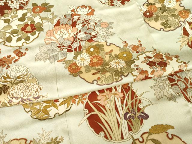 平和屋着物●訪問着　駒刺繍　雪輪草花文　金彩　正絹　逸品　AABG4944ck