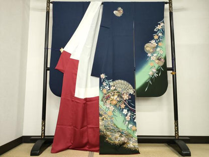 平和屋着物●豪華振袖　扇面御所車花文　暈し染め　正絹　逸品　AABG4947ck