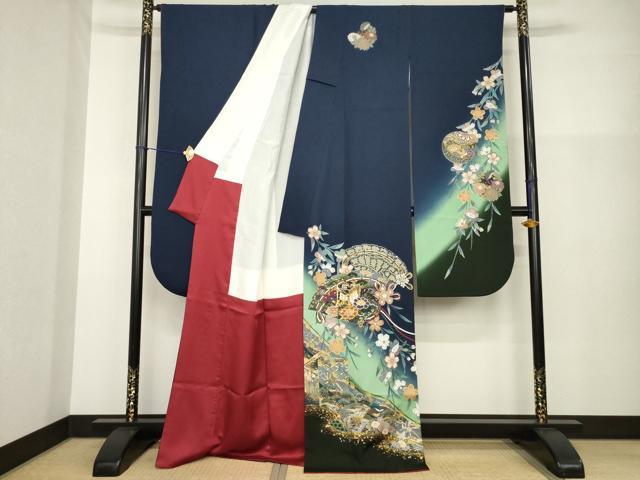 平和屋着物●豪華振袖　扇面御所車花文　暈し染め　正絹　逸品　AABG4947ck