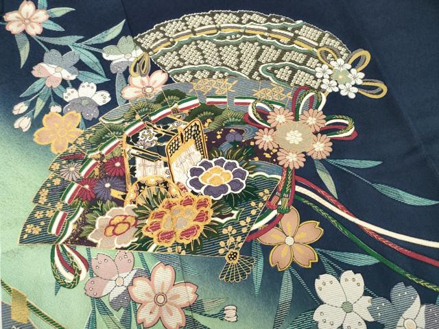 平和屋着物●豪華振袖　扇面御所車花文　暈し染め　正絹　逸品　AABG4947ck