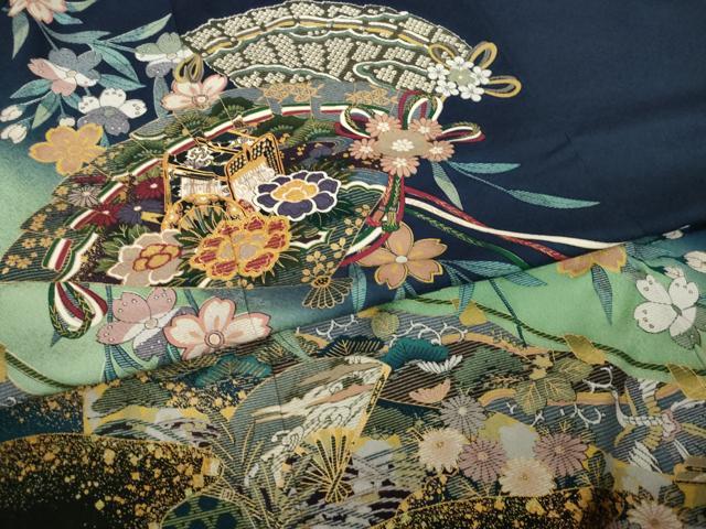 平和屋着物●豪華振袖　扇面御所車花文　暈し染め　正絹　逸品　AABG4947ck