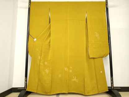 平和屋着物●世界的ファッションデザイナー 山本寛斎 kansaiブランド 振袖 寿光織 鳳凰花文 山吹茶色 金糸 やまと誂製 逸品 AABG4951ck