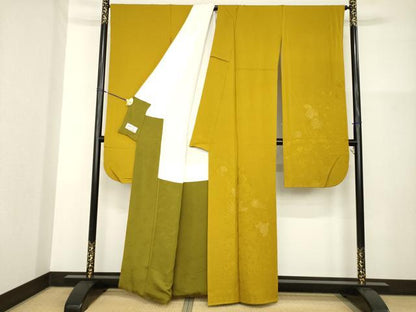 平和屋着物●世界的ファッションデザイナー 山本寛斎 kansaiブランド 振袖 寿光織 鳳凰花文 山吹茶色 金糸 やまと誂製 逸品 AABG4951ck