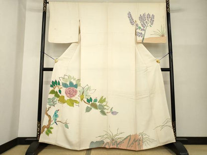 平和屋着物●訪問着　作家物　枝に休み鳥　薔薇　バラ　高島屋扱い　正絹　逸品　AABG4957ck