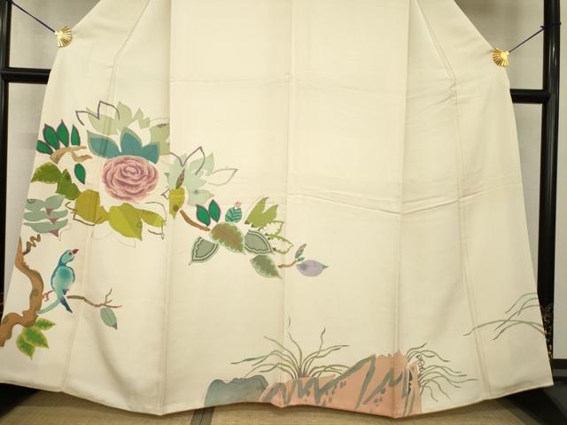 平和屋着物●訪問着　作家物　枝に休み鳥　薔薇　バラ　高島屋扱い　正絹　逸品　AABG4957ck