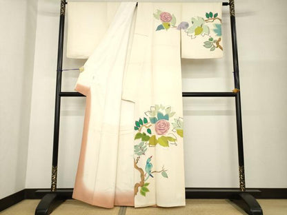 平和屋着物●訪問着　作家物　枝に休み鳥　薔薇　バラ　高島屋扱い　正絹　逸品　AABG4957ck