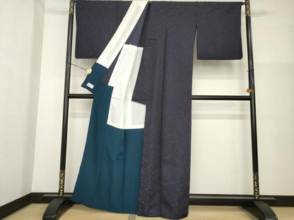 平和屋着物●お召　藍　花唐草文　青褐色　背抜き仕立て　正絹　逸品　AABG4958ck
