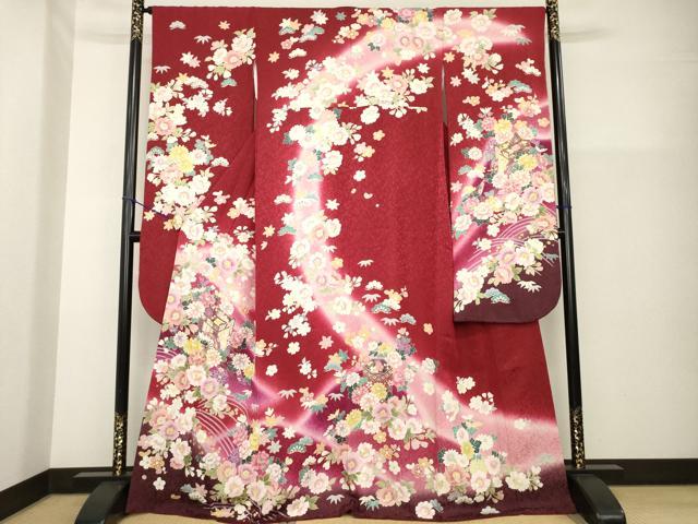 平和屋着物●豪華振袖　駒刺繍　御所車花文　暈し染め　金彩　金通し地　正絹　逸品　AABG4967ck