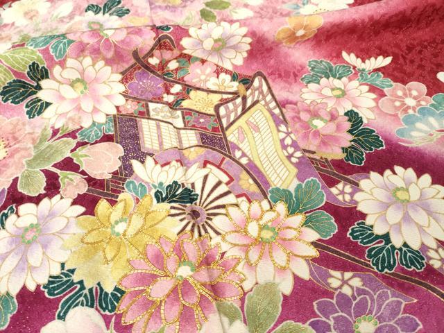 平和屋着物●豪華振袖　駒刺繍　御所車花文　暈し染め　金彩　金通し地　正絹　逸品　AABG4967ck