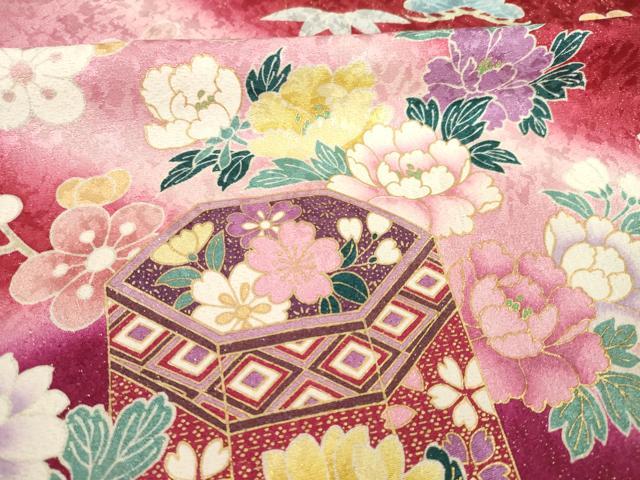 平和屋着物●豪華振袖　駒刺繍　御所車花文　暈し染め　金彩　金通し地　正絹　逸品　AABG4967ck