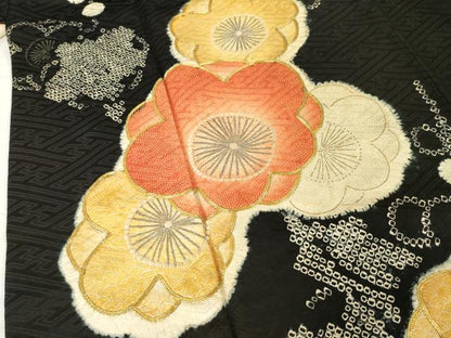 平和屋着物●訪問着　駒刺繍　絞り　枝梅文　黒地　正絹　逸品　AABG4969ck