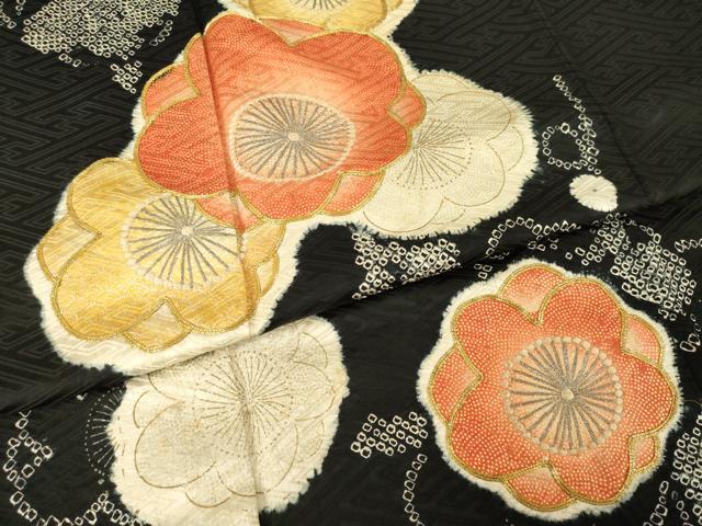 平和屋着物●訪問着　駒刺繍　絞り　枝梅文　黒地　正絹　逸品　AABG4969ck