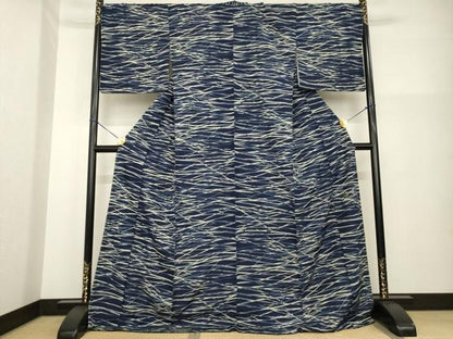 平和屋着物●上質な小紋　本藍　幾何学文様　ロング丈　正絹　逸品　未使用　AABG4982ck
