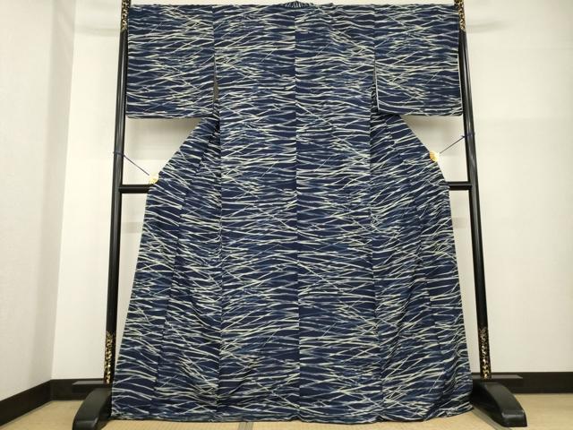 平和屋着物●上質な小紋　本藍　幾何学文様　ロング丈　正絹　逸品　未使用　AABG4982ck
