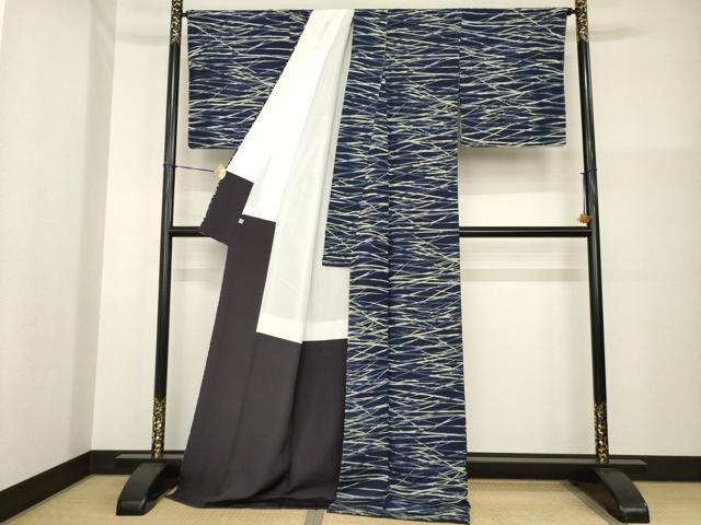 平和屋着物●上質な小紋　本藍　幾何学文様　ロング丈　正絹　逸品　未使用　AABG4982ck