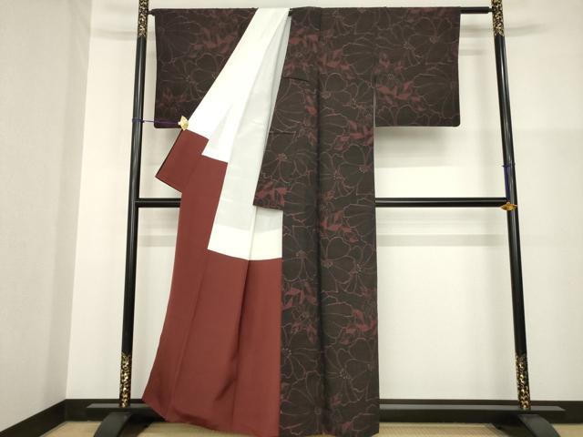 平和屋着物●小千谷紬　花尽くし　黒地　正絹　逸品　AABG4995ck