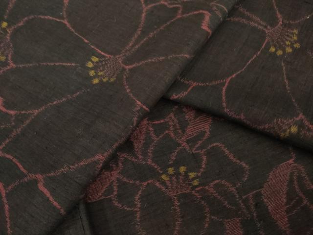 平和屋着物●小千谷紬　花尽くし　黒地　正絹　逸品　AABG4995ck