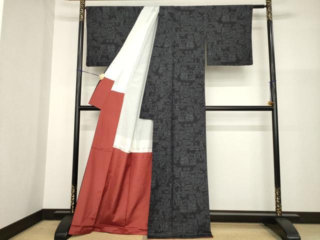 平和屋着物●本塩沢　110亀甲　古代壁画文様　正絹　逸品　AABG4996ck