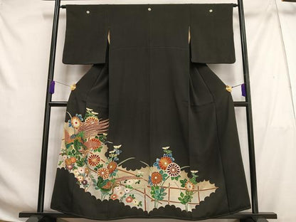 平和屋着物■豪華黒留袖 駒刺繍 孔雀花文 金彩 正絹 逸品 AABG5018oa
