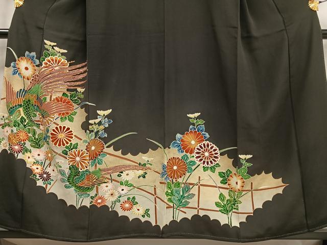 平和屋着物■豪華黒留袖 駒刺繍 孔雀花文 金彩 正絹 逸品 AABG5018oa