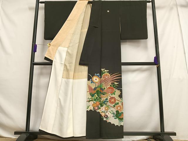 平和屋着物■豪華黒留袖 駒刺繍 孔雀花文 金彩 正絹 逸品 AABG5018oa