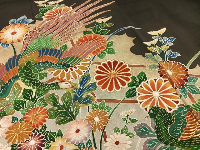 平和屋着物■豪華黒留袖 駒刺繍 孔雀花文 金彩 正絹 逸品 AABG5018oa