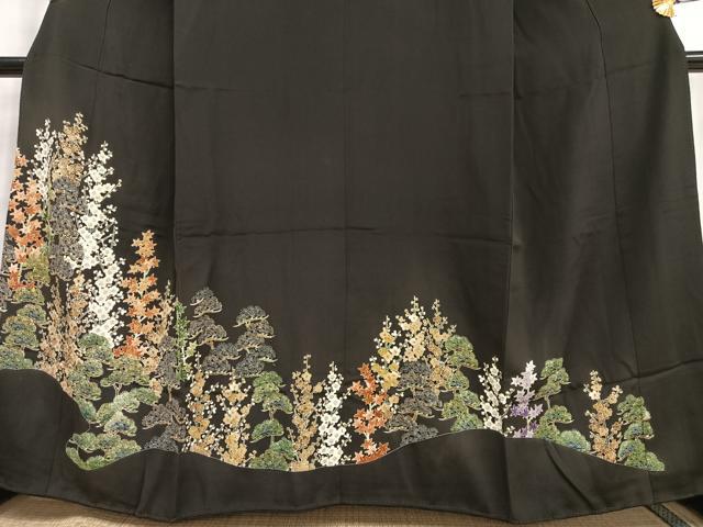 平和屋着物■豪華黒留袖　刺繍　梅松楓文　金糸　金彩　正絹　逸品　AABG5072oa