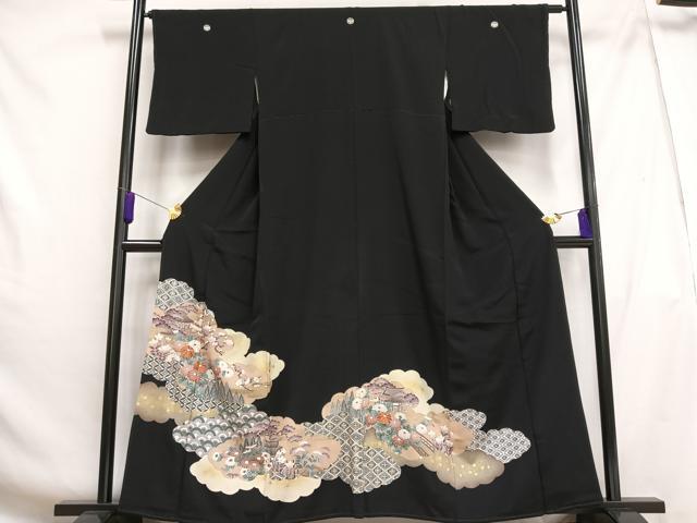 平和屋着物■豪華黒留袖　刺繍　風景草花文　松竹梅　金彩　正絹　逸品　AABG5124oa