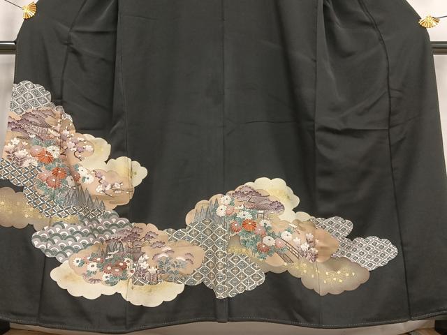平和屋着物■豪華黒留袖　刺繍　風景草花文　松竹梅　金彩　正絹　逸品　AABG5124oa